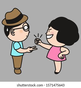 Man And Woman's Hands Playing Rock Paper Scissors, Rock Win Over Scissor. Happy Funny Couple Concept Card Character illustration