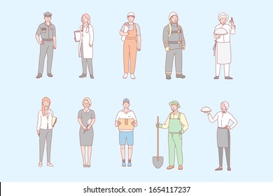 Man and womans proffesions, jobs set concept. Men women, boys girls have different occupation. Collection of policeman, cooker, gardener, waiter, doctor, builder, firefighter, maid, postman Labor day