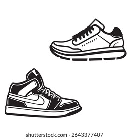 Man Woman's Shoes Boots Sandal Icon Vector Art Illustration, Black and White Outline Design