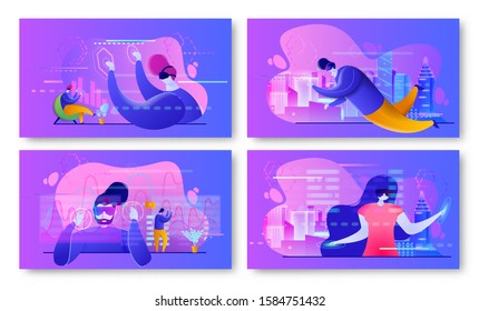 Man and women in augumented reality glasses and virtual reality headset works with graphs and charts or playing games. Set of vector illustrations. VR and AR design concepts
