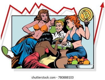 Man, women and bitcoin. Vector Comic Book Illustration