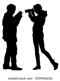Man and women with a camera on street. Isolated silhouettes of people on white background