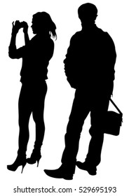 Man and women with camera on white background