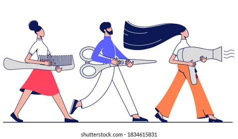 Man and women carry hairdressing tools: scissors, hair dryer and comb.