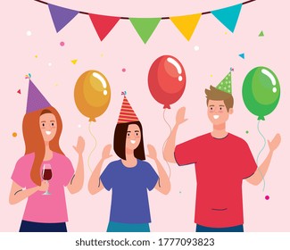 Man and women cartoons with hats and balloons design, Party celebration event happy birthday holiday surprise anniversary and decorative theme Vector illustration