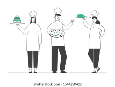 Man and Women Chefs in Toque and Apron Holding Dishes in Hands Pizza Cake Meat. Restaurant Staff Demonstrate Menu Serve Guests in Cafe Pizzeria, Bakery Shop. Cartoon Flat Vector Illustration, Line Art