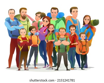 Man, women and child tourist backpacker. Backpack on his back. Cheerful person. Standing pose. Cartoon comic style flat design. Single character. Illustration isolated. Vector