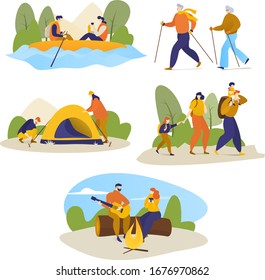 Man, women, children hiking travel outdoors on vector hike trekking illustration isolated on white. Family camping, rafting, hiking, sitting at campfire, make photos, kayaking, mountain biking