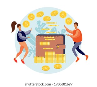 Man And Women Collecting Money Together In Wallet For Family Budget And Savings. Family Finances.Earn Money. Financial Stability. Cash Savings. Save Money. Flat Vector Illustration.