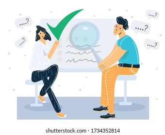 Man and women are confirmed real facts for all who care to check. Communication via internet, journalist investigation. Investigative  journalism or fact checking concept.  Flat cartoon illustration