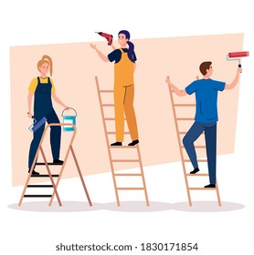 man and women with construction drill paint roll and bucket on ladders design of remodeling working and repairing theme Vector illustration