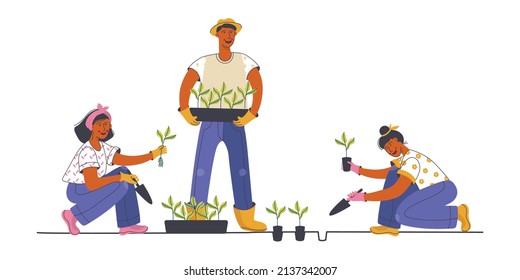 Man and women cultivating plant, digging ground using shovel to planting a plant at home garden. Gardening vector illustration on white background.