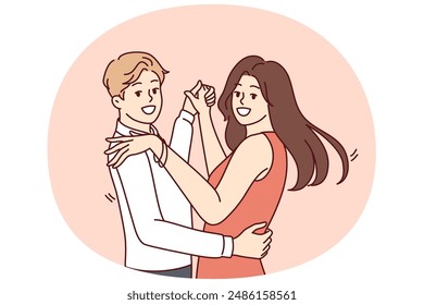 Man and women dancing bachata or salsa wish to become professional latin dancers and embracing partner looking at camera. Happy couple of guys and girls dancing to music in club or on dance floor