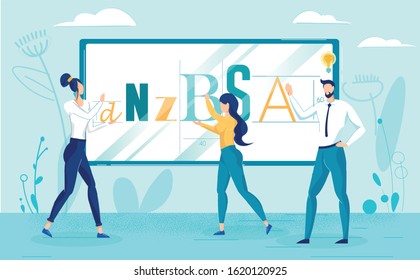 Man and Women Designers Team Choosing Design Fonts for Website. Wireframe Alphabet Font. Responsible Software. Creative Typography. New Content Idea Creation. Vector Cartoon Flat Illustration