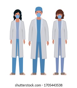 Man and women doctors with uniforms and masks design of Medical care health emergency aid exam clinic and patient theme Vector illustration