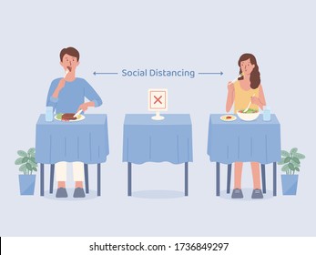 Man and Women doing social distancing while eating food alone at tables in the restaurant.  Make blank space to prevent and stop Coronavirus spread in public places. Illustration about self isolation 