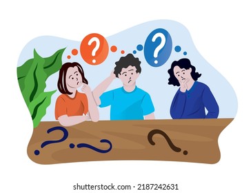 Hombre y mujeres en duda pensando con signos de interrogación, dibujos animados de personas llenas de hombre confundido, con barbilla conmovedora