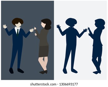 Man and women dressed in business clothes standing discussing ideas, exchanging information, solving problems. Brainstorm or group discussion. Cartoon vector illustration in flat style