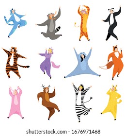 Man, women dressed in pajamas, kigurumi on hand drawn vector animal dress illustration isolated on white. People wearing jumpsuits onesies representing various animals. Person dancing, smile, jumping.