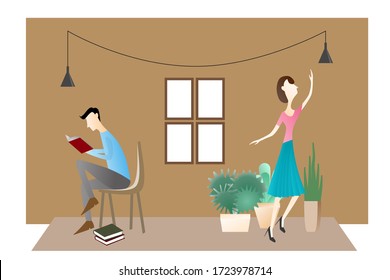 Man and women enjoying their free time, performing leisure activities and doing hobbies - cultivating home garden, reading book. Flat cartoon vector illustration.
