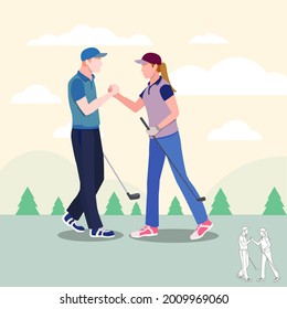 man and women Golfers shaking hands at golf course with golf clubs on green grass, cartoon, silhouettes, bundle vector illustration. character in different position.