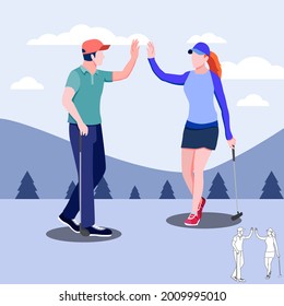 man and women Golfers shaking hands at golf course with golf clubs on green grass, cartoon, silhouettes, bundle vector illustration. character in different position.