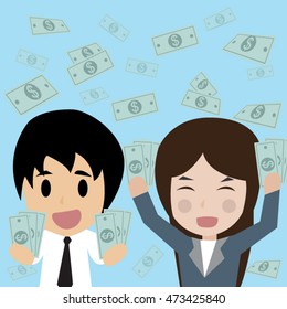 Man and Women happy with money, vector illustration