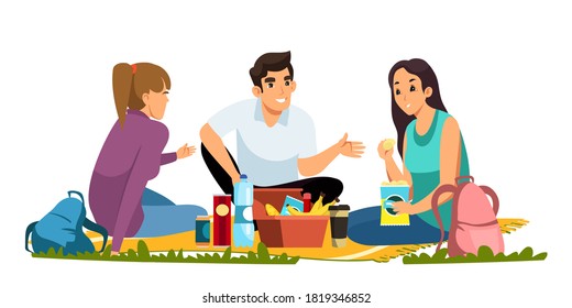 Man and women having picnic illustration. Healthy lifestyle outdoor vector. Young guy and two girls sitting on mat with food.