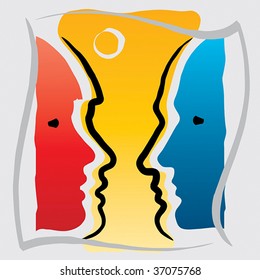 Man And Women Heads Profiles, Abstract Concept Of People Relations.