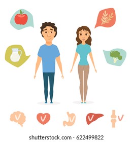 Man and women healthy food infographics.  Slim people concept. and human organ chart. Smile couple diet. Heart, brain, liver, bone, stomach vector icon.