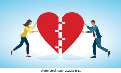 Man and women with  heart with puzzle, jigsaw shape. Vector illustration. Dimension 16:9.