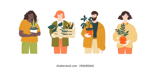 Man and women hold home plants in different pots. Green hobby, urban jungle lifestyle illustration. Cute characters with indoor tropical botany