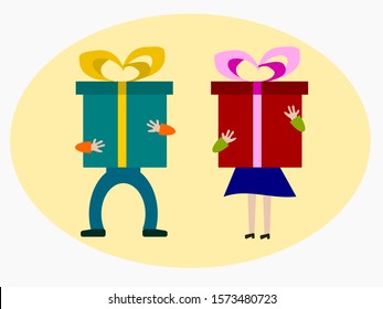 Man and women holding a big gift box for celebration.