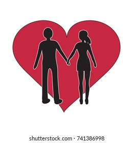 man and women holding hand black silhouette with red heart simple vector illustration