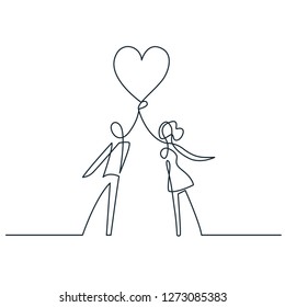 Man and women holding heart continuous one line vector drawing. Love couple. Friendship symbol. Hand drawn lovers silhouettes. Valentines day, relationship. Minimalistic contour illustration