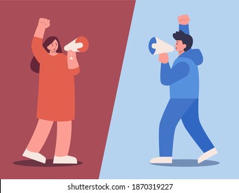 Man and women holding Megaphone and shouting at opposite person. Illustration about conflict thinking, Attitude, debate, and emotion.