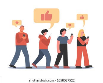 Man and women Holding smartphones and looking at the screen and show like and love emotion while walking. Illustration about addiction to social media and marketing online.