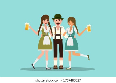 Hombre y mujer abrazando y celebrando el festival de oktoberfest con una gran copa de cerveza. Ilustración vectorial en diseño plano.