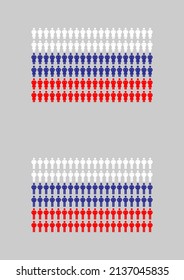 Man and Women icon pictogram Russia national flag pattern blue red and white color, Infographic population concept, flat design illustration isolated on background with copy space, vector