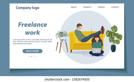 Man and women with laptop - Freelance work. Landing page template, website design. Vector illustration in trendy flat style