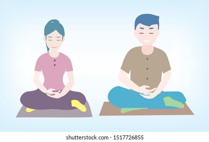 Man and women was maditation sitting on the futon with a light colored background cartoon vector.