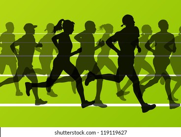 Man and women marathon runners silhouettes in sport stadium landscape background illustration vector