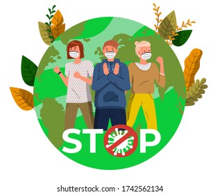 Man and women in medical masks call to fight with virus at earth with leaves background. Concept of coronavirus world spreading. People show stop gesture, protesting against virus, crossed out sign