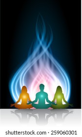 Man and women meditation on blue fire background. yoga.