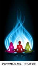 Man and women meditation on blue fire background. yoga.