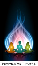 Man and women meditation on blue red fire background. yoga.