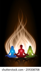 Man and women meditation on brown fire background. yoga.