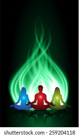 Man and women meditation on green fire background. yoga.