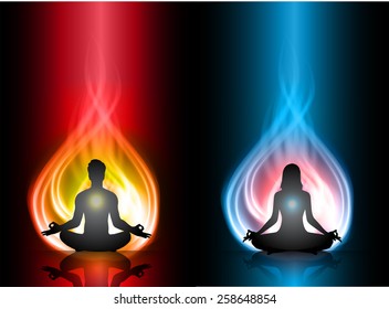 Man and women meditation on red and blue fire background. yoga.