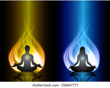Man and women meditation on yellow and blue fire background. yoga.